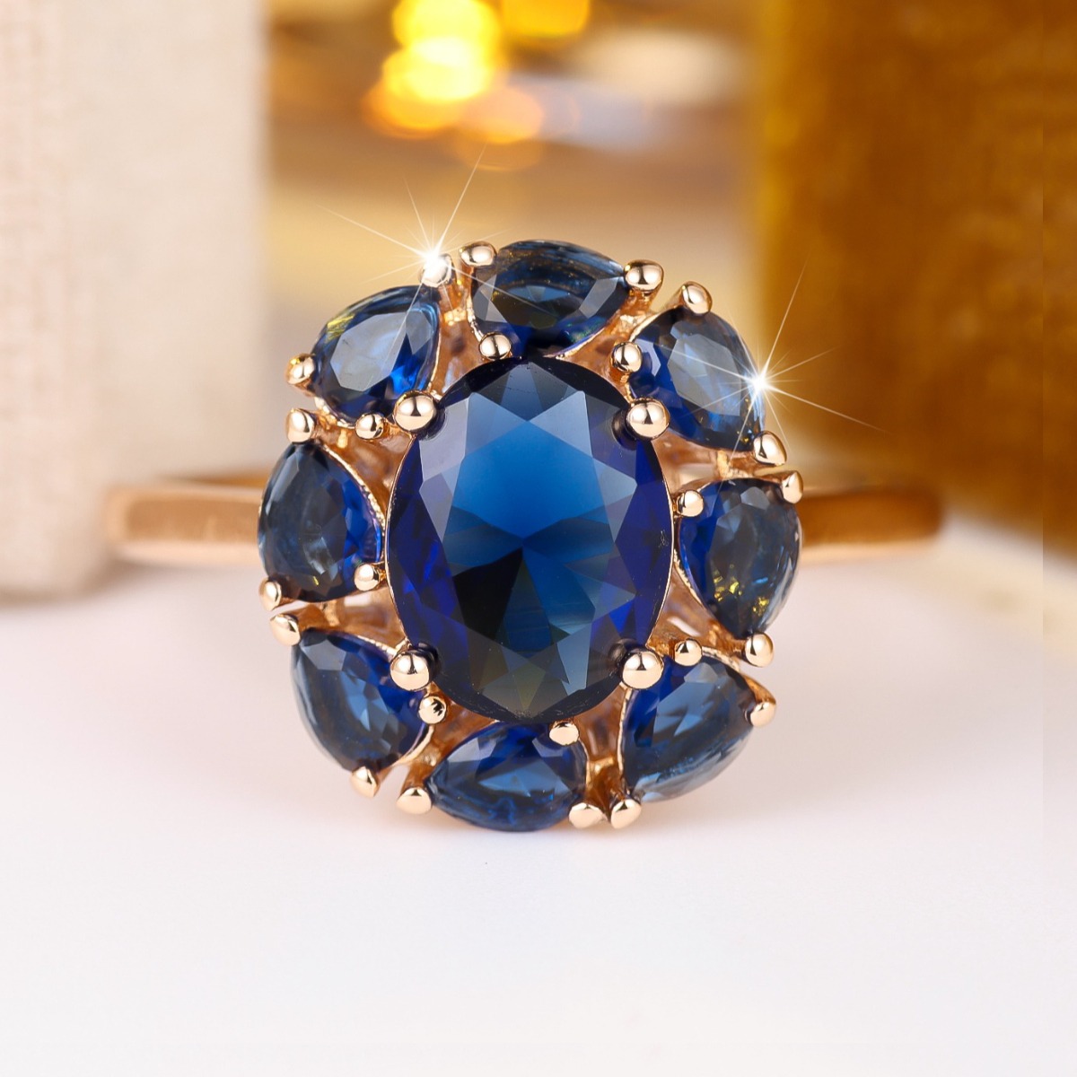 Women's Golden Tone Blue Synthetic Zirconia Statement Ring
